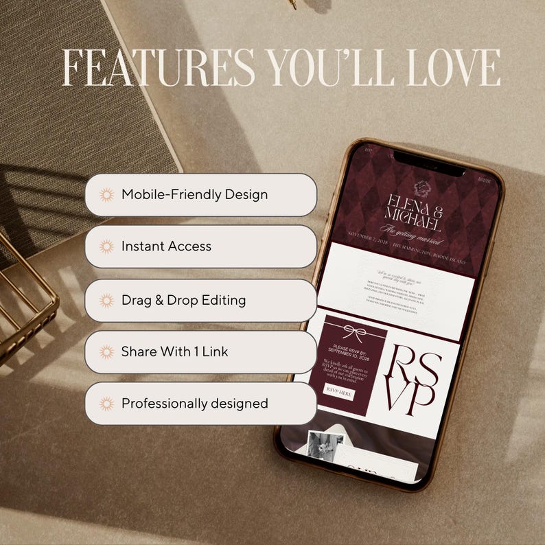 May include: A smartphone displays a wedding invitation design with the names "Elena & Michael." The image highlights features like mobile-friendly design, instant access, drag & drop editing, and sharing with one link. The text "Features You'll Love" is at the top.