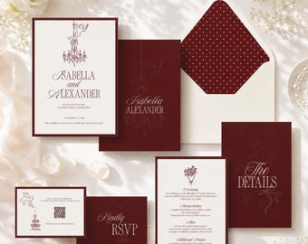 Old Money Burgundy Wedding Invitation Suite | Canva Wedding Invitations Template | Editable Bridal Invite Suite | Instant Download