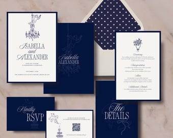 Zestaw zaproszeń ślubnych Old Money w kolorze granatowym | Szablon zaproszeń ślubnych Canva | Edytowalny zestaw zaproszeń ślubnych | Natychmiastowe pobranie