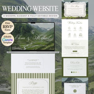 May include: A modern wedding website design with the text "WEDDING WEBSITE" and "A MODERN, ELEGANT & FULLY EDITABLE DESIGN". The design includes a laptop displaying a wedding invitation, RSVP form, and other wedding details.