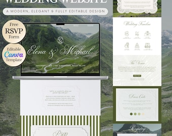 Forest Green Mountain Wedding Website Template with RSVP, Canva Editable Design (Digital Download)