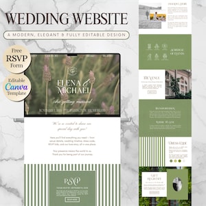 Könnte beinhalten: Ein modernes Hochzeitswebsite-Design mit Lavendelfeld-Hintergrund. Die Website enthält Abschnitte für die Geschichte des Paares, Veranstaltungsdetails, Informationen zum Veranstaltungsort und eine Geschenkliste. Das Design ist elegant und vollständig editierbar.