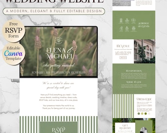 Modèle de site Web de mariage vert sauge esthétique, site de mariage de luxe vieil argent, site Web de mariage modifiable avec RSVP, téléchargement numérique