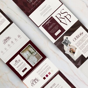 May include: Wedding invitation suite with a burgundy and cream color scheme. The design includes text such as "Wedding Timeline", "The Venue", "RSVP", and "Our Story". The suite features a photo and decorative elements.