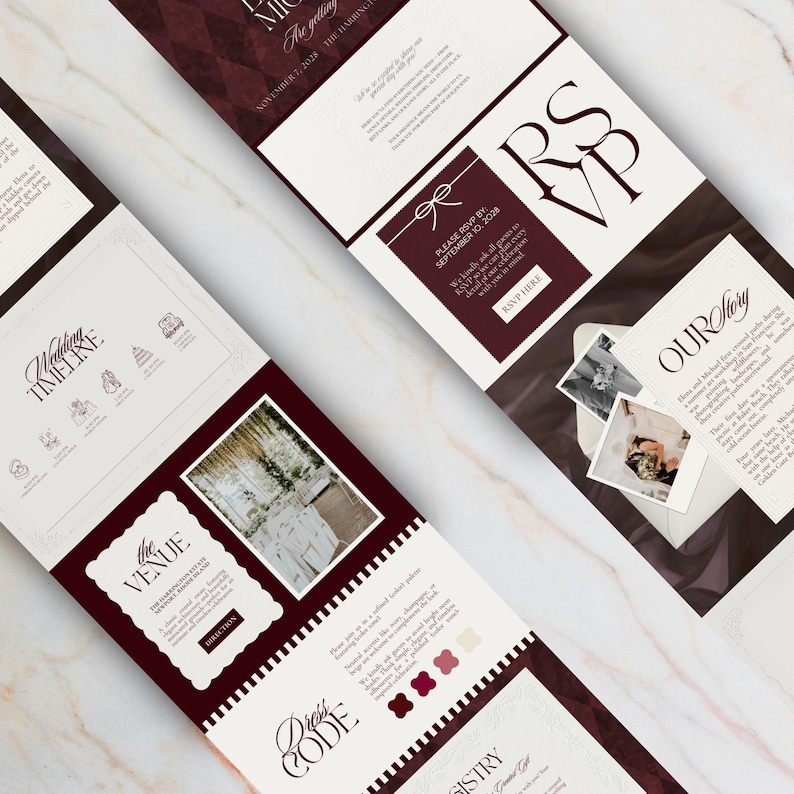 May include: Wedding invitation suite with a burgundy and cream color scheme. The design includes text such as "Wedding Timeline", "The Venue", "RSVP", and "Our Story". The suite features a photo and decorative elements.