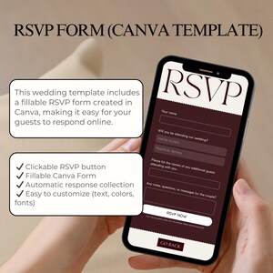 May include: A smartphone displays a digital RSVP form with fields for name and attendance details. The screen features a burgundy and white design, with the word "RSVP" at the top. Text on the screen says "RSVP Now" and "Go Back".