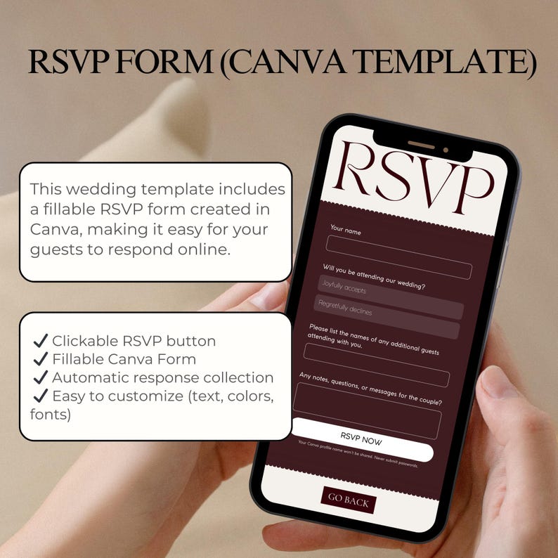 May include: A smartphone displays a digital RSVP form with fields for name and attendance details. The screen features a burgundy and white design, with the word "RSVP" at the top. Text on the screen says "RSVP Now" and "Go Back".
