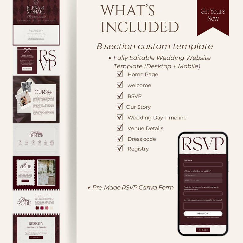 May include: A wedding website template with a burgundy and cream color scheme. The design includes sections for RSVP, venue details, and a wedding day timeline. A mobile phone displays an RSVP form. Text includes "What's Included".