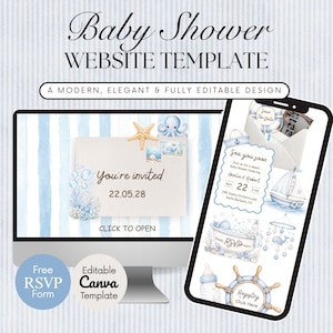 Może przedstawiać: Szablon strony internetowej na baby shower wyświetlany na komputerze i smartfonie. Projekt zawiera elementy morskie, takie jak żaglówka, rozgwiazda i ośmiornica. Tekst brzmi "Baby Shower WEBSITE TEMPLATE" i "You're invited".