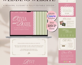 Pink & Green Elegant Wedding Template, Editable Wedding Design, Classic Wedding Digital Site, Canva Wedding Website, Instant Download