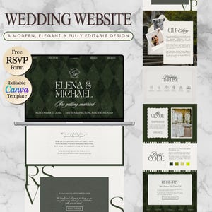 May include: A modern wedding website design with a dark green and white color scheme. The website includes sections for the couple's story, timeline, venue, dress code, and registry. The design is fully editable and includes a free RSVP form.