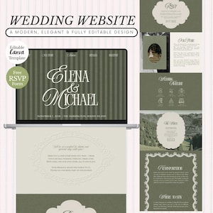 Puede incluir: Diseño de plantilla de sitio web de boda moderno con un portátil que muestra la página de inicio del sitio web. El sitio web presenta los nombres "Elena & Michael" y la fecha. Páginas adicionales incluyen RSVP, Nuestra historia, Cronograma de boda y más.