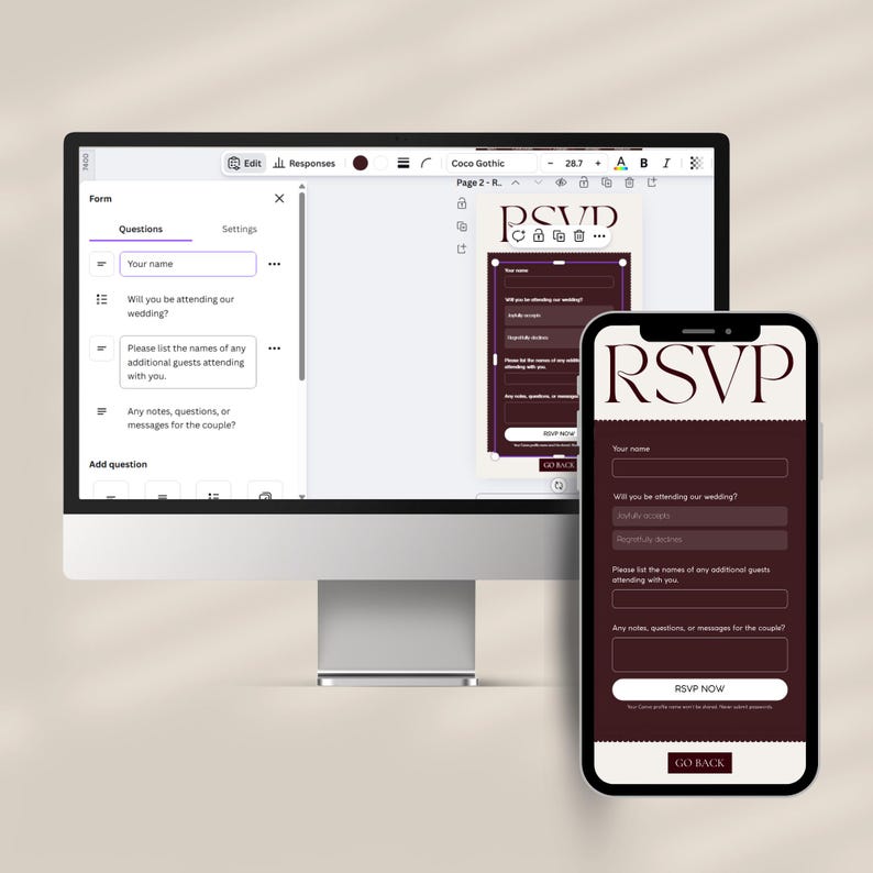 May include: A computer monitor and smartphone displaying a wedding RSVP form. The form includes fields for the guest's name, attendance status, and additional guests. The phone screen shows the RSVP form with the text "RSVP" at the top.