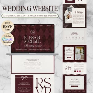 May include: A modern wedding website design with a burgundy and white color scheme. The website includes sections for the couple's story, timeline, venue, dress code, and registry. The laptop screen displays the wedding details: Elena & Michael, getting married November 7, 2028.