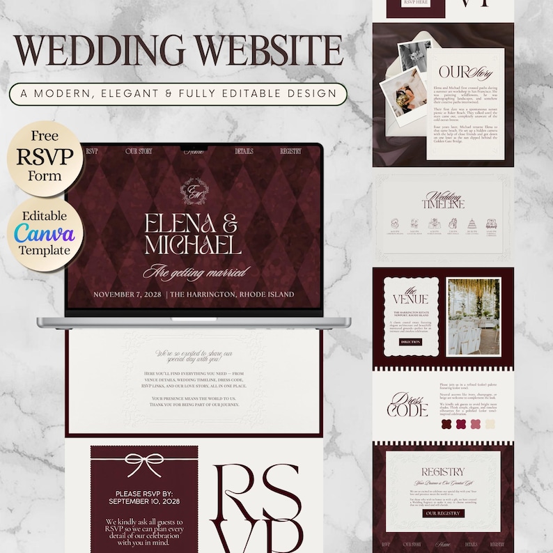 May include: A modern wedding website design with a burgundy and white color scheme. The website includes sections for the couple's story, timeline, venue, dress code, and registry. The laptop screen displays the wedding details: Elena & Michael, getting married November 7, 2028.