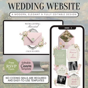 Könnte beinhalten: Ein Hochzeitswebsite-Design, das auf einem Computermonitor und einem Smartphone angezeigt wird. Das Design zeigt einen rosa Umschlag mit floralen Akzenten und dem Text "WE'RE GETTING Married". Zusätzlicher Text enthält "Free RSVP Form" und "Editable Canva Template".