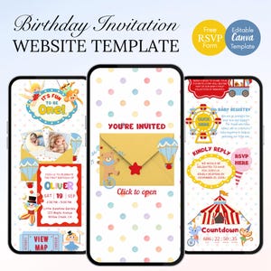 Pode incluir: Três telas de smartphone exibindo um modelo de site de convite de aniversário com tema de circo. As telas apresentam fundos coloridos de bolinhas, ilustrações de animais, uma tenda vermelha e branca e texto incluindo "It's Fun To Be One!" e "You're Invited."