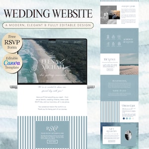 May include: A modern and elegant wedding website template. The design includes a beach image, RSVP form, and sections for the venue, schedule of events, and gift registry. Text includes "Wedding Website" and "Elena & Michael are getting married."