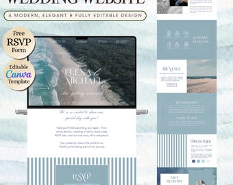 Blue Ocean Whisper bruiloft websitesjabloon, luxe oude geld trouwsite, canva bewerkbare trouwwebsite met RSVP, digitale download