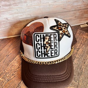 Cheerleader Trucker Hat – Leopard Star, Sequin Heart, Gold Chain Accent