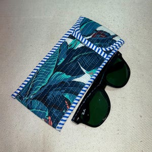 Quilted Sunglasses Pouch, Tropical Leaf Eyeglass Case, Cotton Glasses Sleeve, Navy Teal Phone Pouch, Handmade Botanical Fabric Case