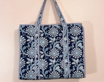 Navy Blue Floral Quilted Cotton Tote Bag | Zipper Shoulder Market Bag