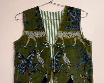 Handmade Cotton Vest | Jungle Animal Print Waistcoat | Sleeveless Ethnic Layering Vest