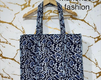 Indigo Paisley Quilted Cotton Tote Bag, Boho Shoulder Bag with Inner Pocket