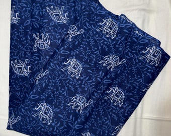 Indigo Blue Elephant Print Cotton Fabric by Yard