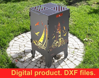 Lighthouse and Sailboat Fire Pit Grill DXF files for plasma, laser, CNC. Fire Basket, Barbecue, Firepit bbq. Collapsible Fire Pit, DIY