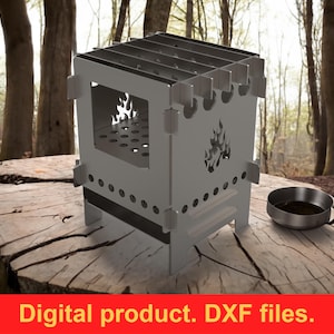 Puede incluir: Una estufa de camping de metal plateado con un diseño de llama recortada y una pequeña taza redonda de metal. La estufa tiene forma rectangular con una parte superior ranurada y una serie de pequeños agujeros en la parte inferior. El texto "Digital product. DXF files." está en la parte inferior.