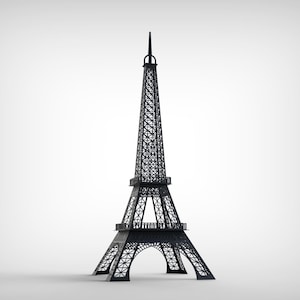 Pode incluir: Um modelo preto da Torre Eiffel, um famoso marco em Paris, Fran&ccedil;a. A torre tem um design de treli&ccedil;a detalhado e um topo pontiagudo. O modelo &eacute; um item decorativo, em p&eacute; sobre uma superf&iacute;cie branca.