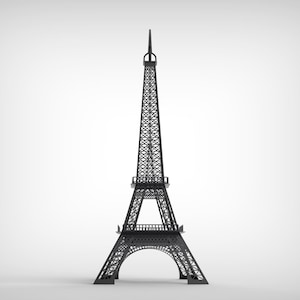Pode incluir: Um modelo preto da Torre Eiffel sobre um fundo branco. A torre &eacute; uma r&eacute;plica detalhada, mostrando sua intrincada estrutura de treli&ccedil;a, base de arco e pin&aacute;culo. &Eacute; uma lembran&ccedil;a ou um item decorativo.