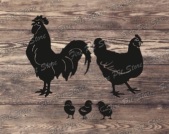 Pollo, gallo, pollitos. Archivo vectorial. Archivos digitales en formatos dxf, svg, png, ai, eps, cdr para plasma, láser, chorro de agua, CNC e impresión.