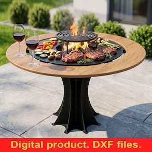 May include: A round outdoor grill table with a wooden top and black base. The table features a built-in grill with flames, surrounded by grilled vegetables and steaks. Two glasses of red wine sit on the table. The text "Digital product. DXF files." is at the bottom.