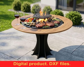 Round Fire Pit Grill on Leg with Tabletop DXF Files for CNC Plasma & Laser Cut ~ Outdoor BBQ Grill on Legs with Tabletop for Patio | Diy