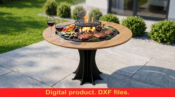 Round Fire Pit Grill on Leg with Tabletop DXF Files for CNC Plasma & Laser Cut ~ Outdoor BBQ Grill on Legs with Tabletop for Patio | Diy
