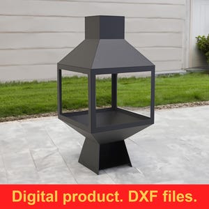 May include: A black metal outdoor fireplace with a geometric design. The fireplace has a square base, a rectangular body with open sides, and a chimney. The text "Digital product. DXF files." is displayed at the bottom.
