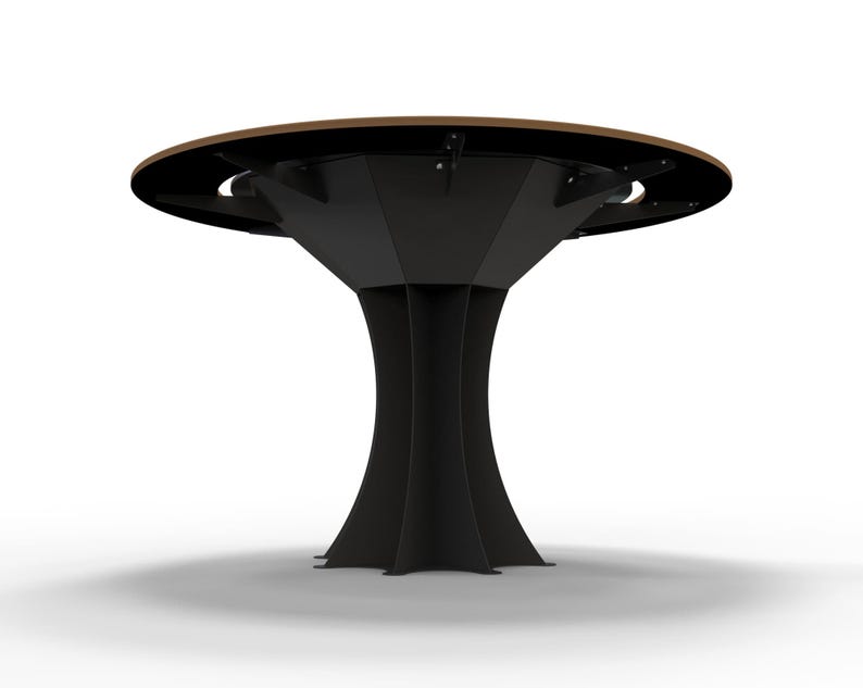 May include: A modern, round table with a dark brown tabletop and a black, geometric base. The base has a unique, tree-like design with multiple curved legs. The table is set against a white background.