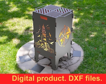 Archivos DXF de parrilla con brasero y faro para plasma, láser y CNC. Cesta para fuego, barbacoa, brasero. Brasero plegable, para armar uno mismo.