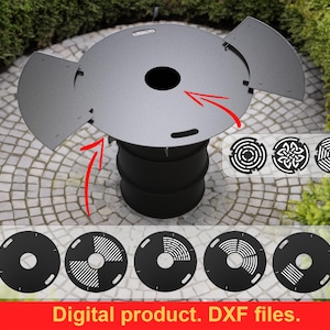 Könnte beinhalten: Ein grauer Metall-Feuerkorb mit kreisförmiger Oberseite und schwarzem Sockel. Die Oberseite hat Aussparungen und ein zentrales Loch. Enthalten sind mehrere schwarze kreisförmige Designs mit verschiedenen Mustern. Der Text "Digital product. DXF files" steht unten.