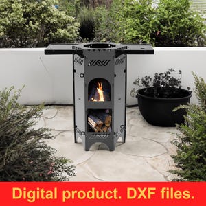 Könnte beinhalten: Ein dunkelgrauer Metall-Außenkamin mit rechteckigem Design. Der Kamin hat ein Feuer im Inneren, mit einem Bereich darunter zur Aufbewahrung von Brennholz. Der Text "Digital product. DXF files." wird in einem roten Banner unten angezeigt.