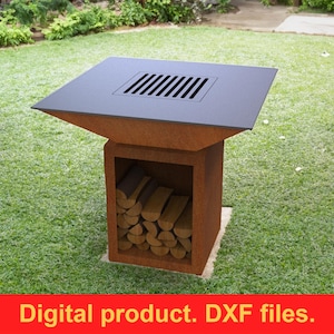 May include: A square, dark gray metal fire pit with a slatted top and a lower section for storing firewood. The fire pit is made of weathered metal and sits on a concrete base. The text "Digital product. DXF files." is at the bottom.