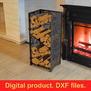 Puede incluir: Un estante de metal negro para leña con un diseño geométrico, lleno de troncos apilados. El estante está junto a una chimenea con fuego. El texto "Digital product. DXF files." es visible en la parte inferior.