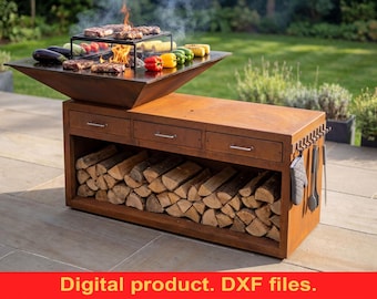 Square Grill V3 with Wood Niche and Drawers ~ DIY BBQ Grill DXF Files ~ Outdoor Cooking Fire Pit ~ Plasma Laser Cut Files ~ Unique Grill