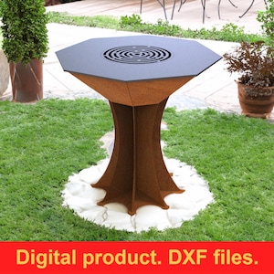 May include: A brown metal outdoor table with a hexagonal top and a central circular vent. The table has a unique, tree-trunk-like base and sits on a bed of white stones. The text "Digital product. DXF files." is at the bottom.