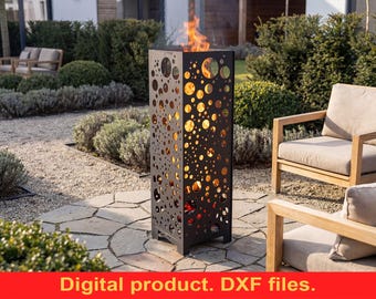 Arquivos DXF para lareira retangular moderna ~ Lareira de metal CNC ~ Padrão de bolhas cortado a laser ~ Lareira externa para jardim ou pátio ~ Lareira faça você mesmo