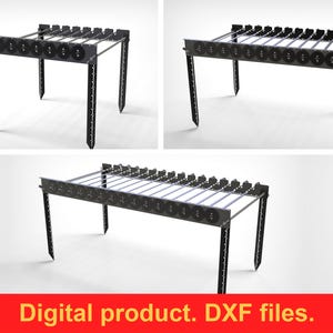 Peut inclure: Un barbecue en métal noir avec un cadre rectangulaire et plusieurs brochettes. Le barbecue a quatre pieds avec des extrémités pointues. L'image comprend le texte "Digital product. DXF files."