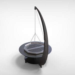 Puede incluir: Una parrilla de exterior de metal negro con base redonda y soporte curvo. Una rejilla hexagonal cuelga de cadenas. El dise&ntilde;o es moderno y minimalista, adecuado para cocinar y entretenerse al aire libre.