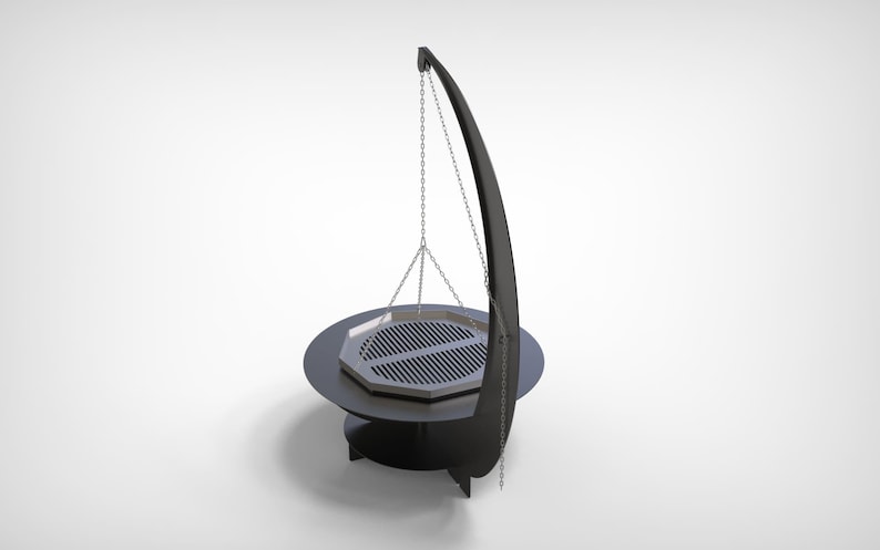 Puede incluir: Una parrilla de exterior de metal negro con base redonda y soporte curvo. Una rejilla hexagonal cuelga de cadenas. El dise&ntilde;o es moderno y minimalista, adecuado para cocinar y entretenerse al aire libre.